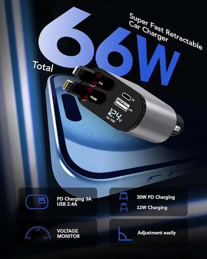 4-in-1 Retractable 66W Fast Car Charger