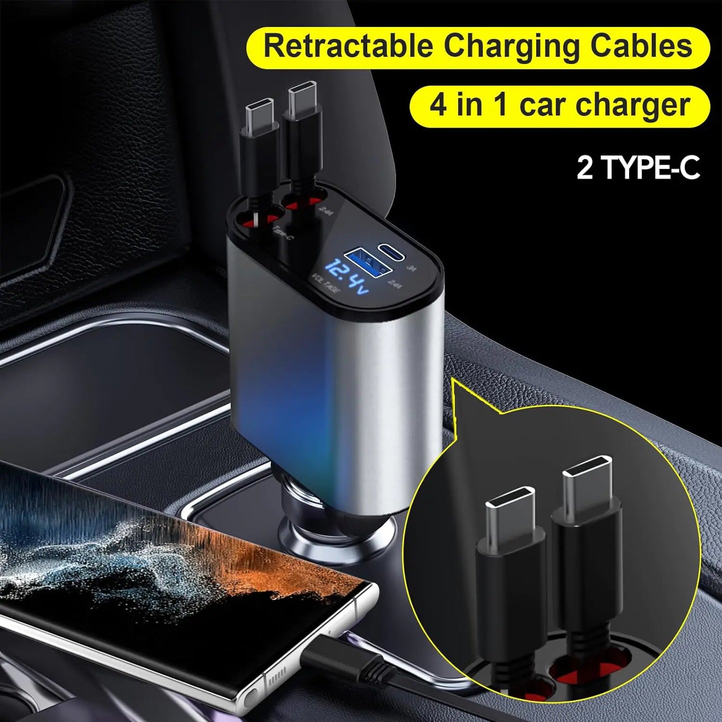 4-in-1 Retractable 66W Fast Car Charger